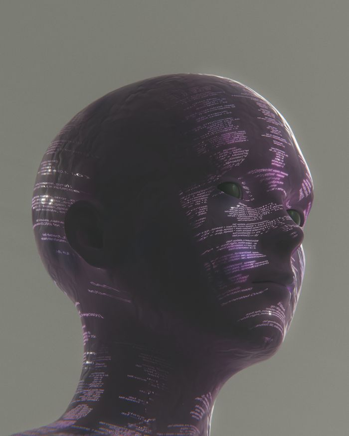 Futuristic digital head with code projection, symbolizing artificial intelligence.